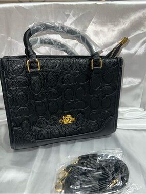 New Inspired C Black Signature Embossed Leather Satchel and Crossbody